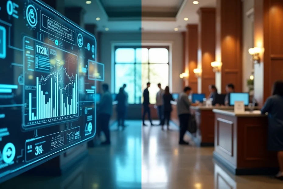 Comparación entre un banco digital y un banco tradicional con elementos tecnológicos y de oficina