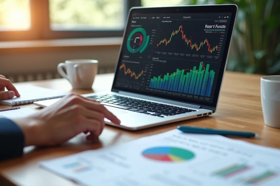 Mesa con ordenador portátil, gráficos financieros y manos señalando indicadores de inversión