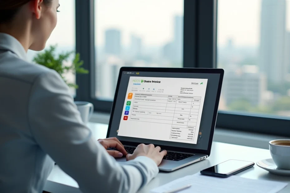 Persona usando computadora portátil para emitir factura electrónica en oficina moderna