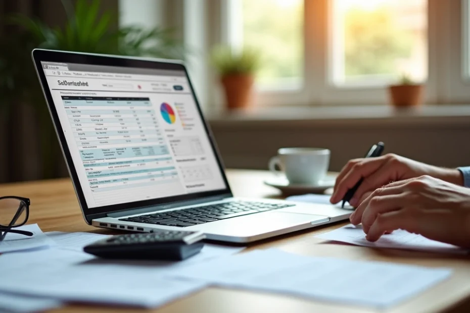 Trabajador autónomo calculando impuestos en escritorio con laptop y documentos