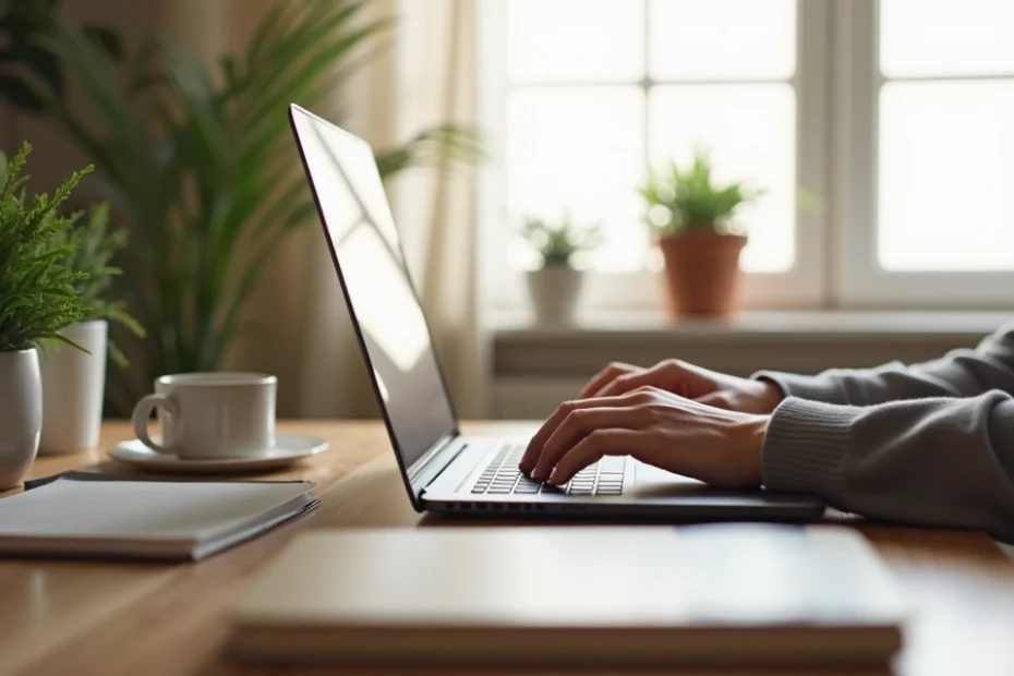 Persona trabajando en computadora portátil en un escritorio en casa, con plantas y luz natural
