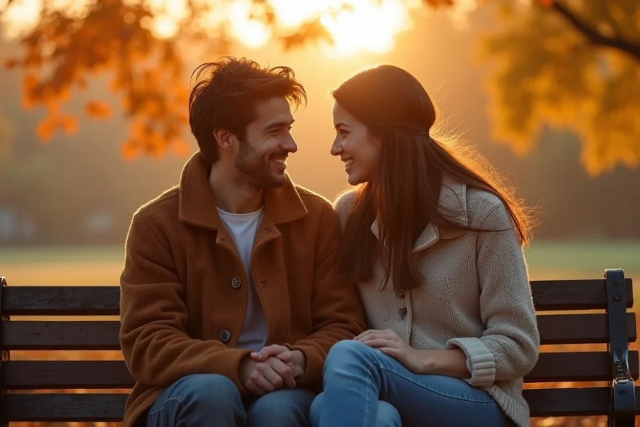 Dos amigos mirándose sonrientes en un parque al atardecer