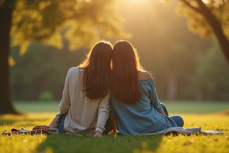 Dos personas sentadas juntas en un parque, una mostrando amistad y la otra una relación de pareja