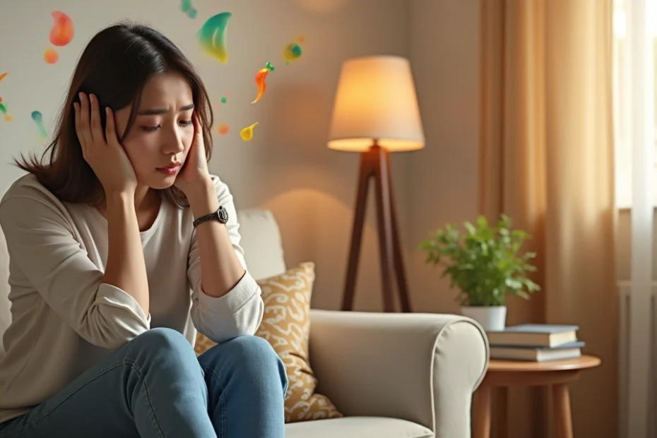 Persona sentada en un sofá, con expresión pensativa y sentimientos confusos