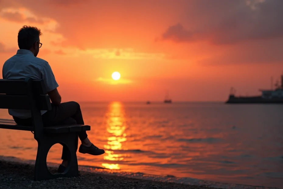 Persona sentada en un banco, pensando en dos caminos diferentes al atardecer