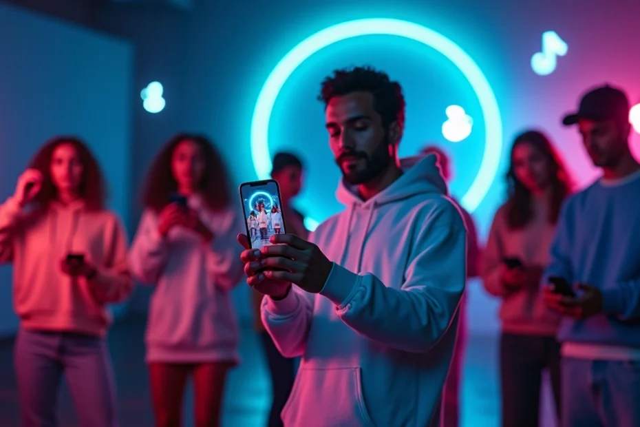 Grupo diverso de creadores de TikTok grabando videos con móviles y luces de neón