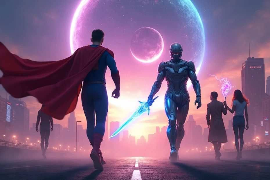 Colagem de heróis de quadrinhos, naves espaciales y mundos se mezclando en un solo universo