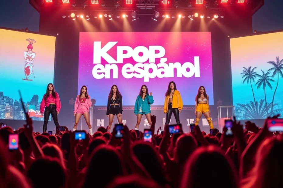 Grupo de K-pop en escenario urbano con banderas de Corea y países latinos