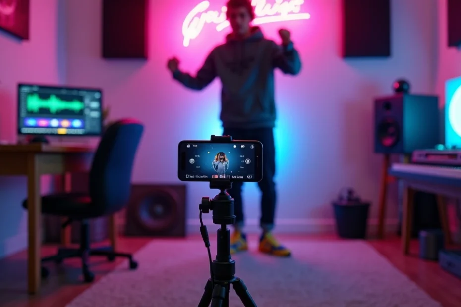 Joven grabando un reto de baile para redes sociales con música pop en un estudio casero