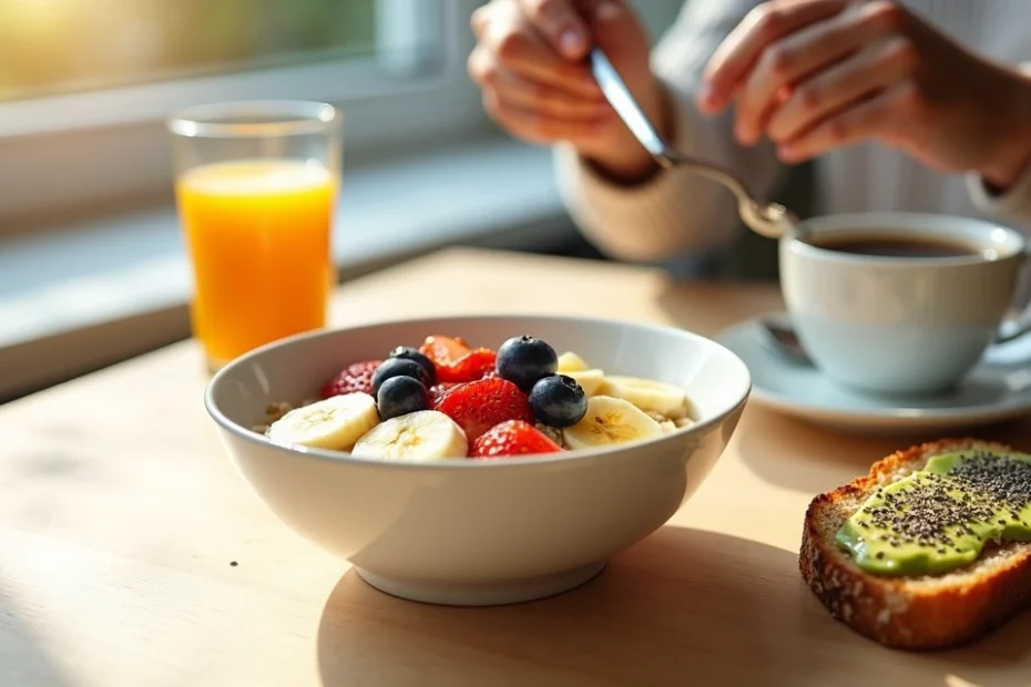 Desayuno rápido y saludable con avena, frutas frescas y café en mesa iluminada por la mañana