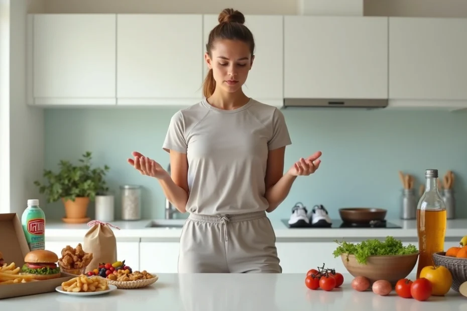 Persona confundida entre opciones saludables y poco saludables