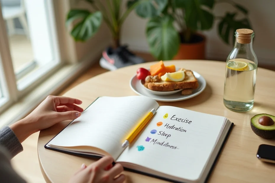 Persona planificando hábitos saludables con comida, ejercicio y descanso