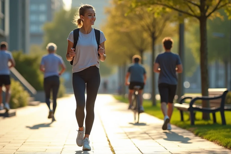 Mujer joven camina rápido por la ciudad con ropa cómoda y mochila