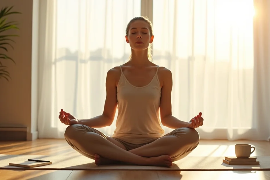 Mujer sentada en el suelo practicando mindfulness en un salón luminoso
