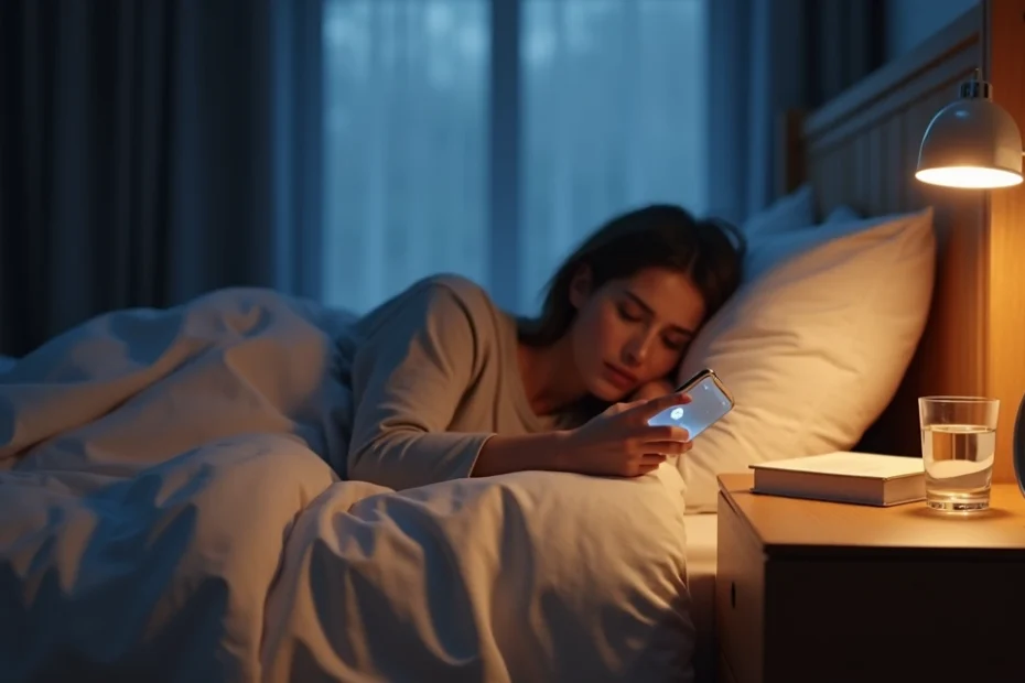 Persona en la cama dejando el móvil en la mesita de noche antes de dormir