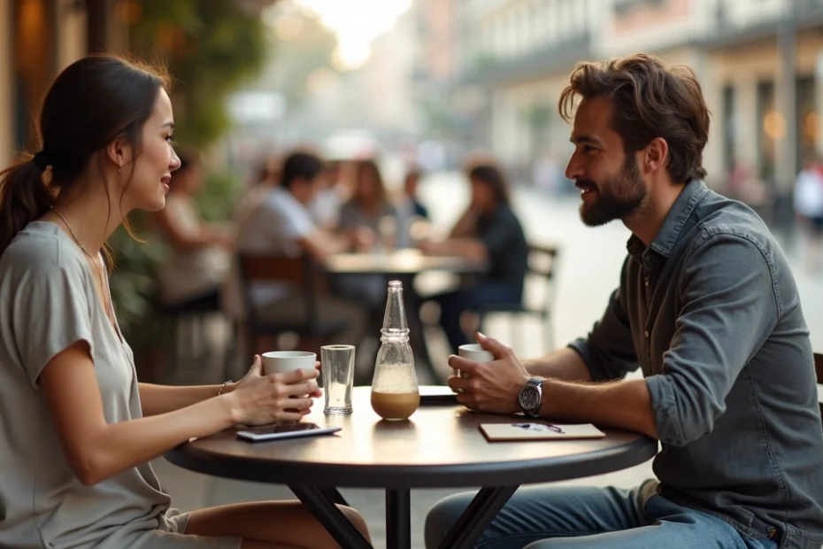 Dos ex parejas conversan amistosamente en la terraza de una cafetería