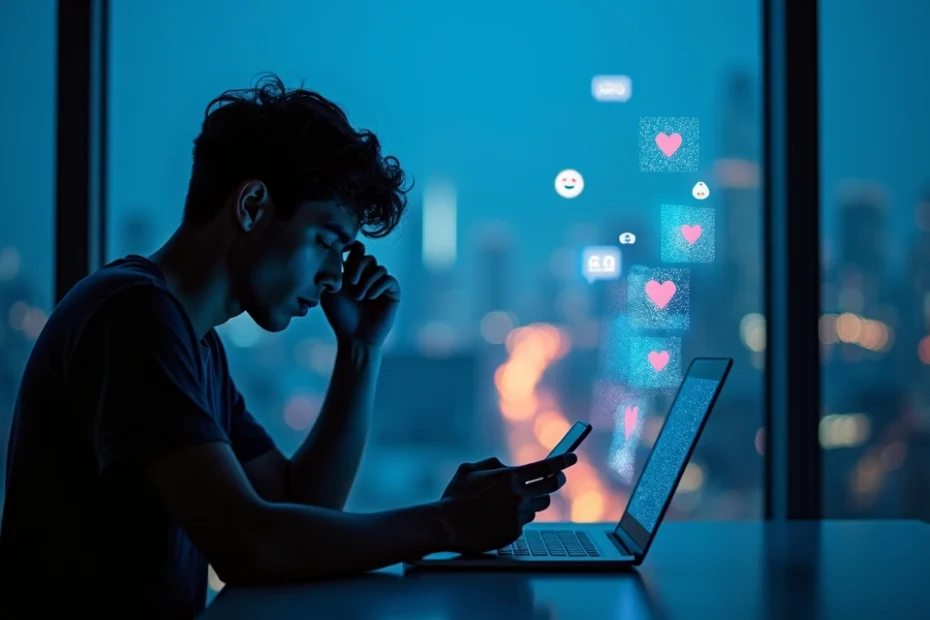 Silueta pensativa rodeada de iconos de redes sociales y notificaciones múltiples