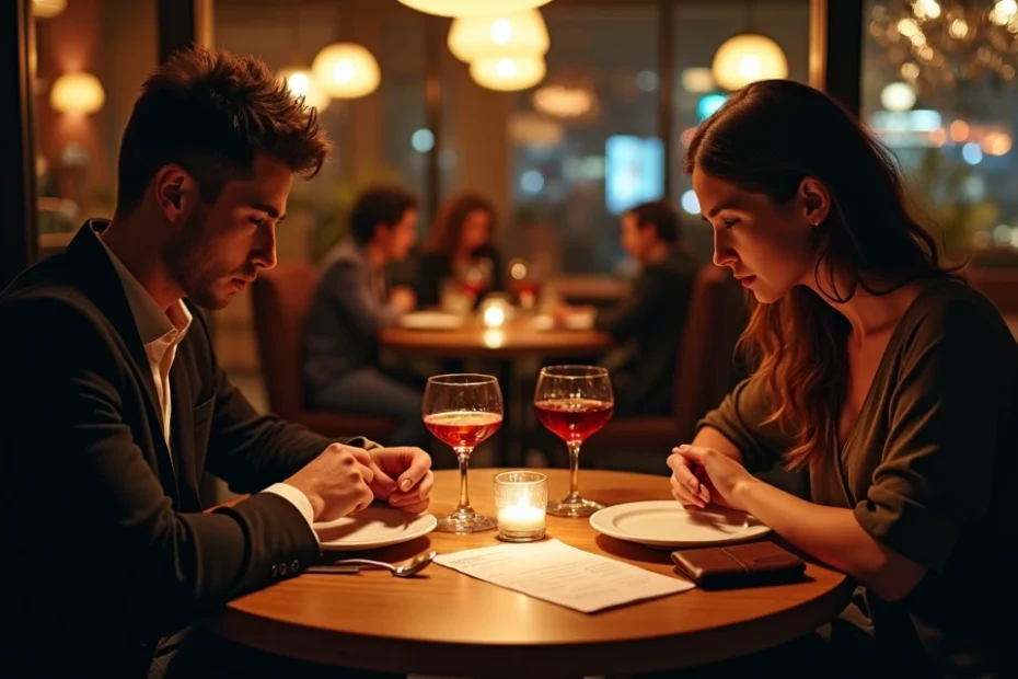 Pareja joven en restaurante mirando la cuenta sobre la mesa