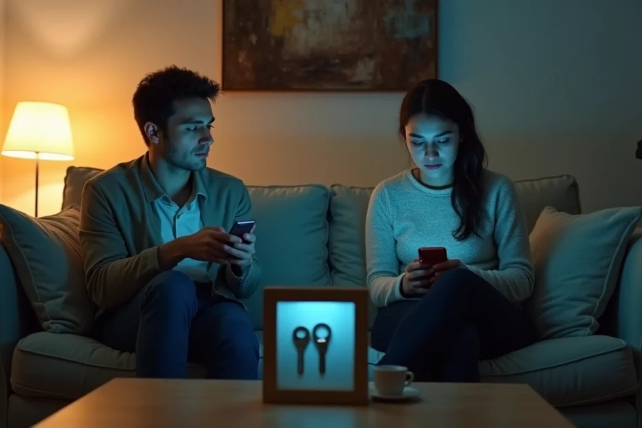 Pareja sentada en sofá alejados mirando sus móviles sin contacto