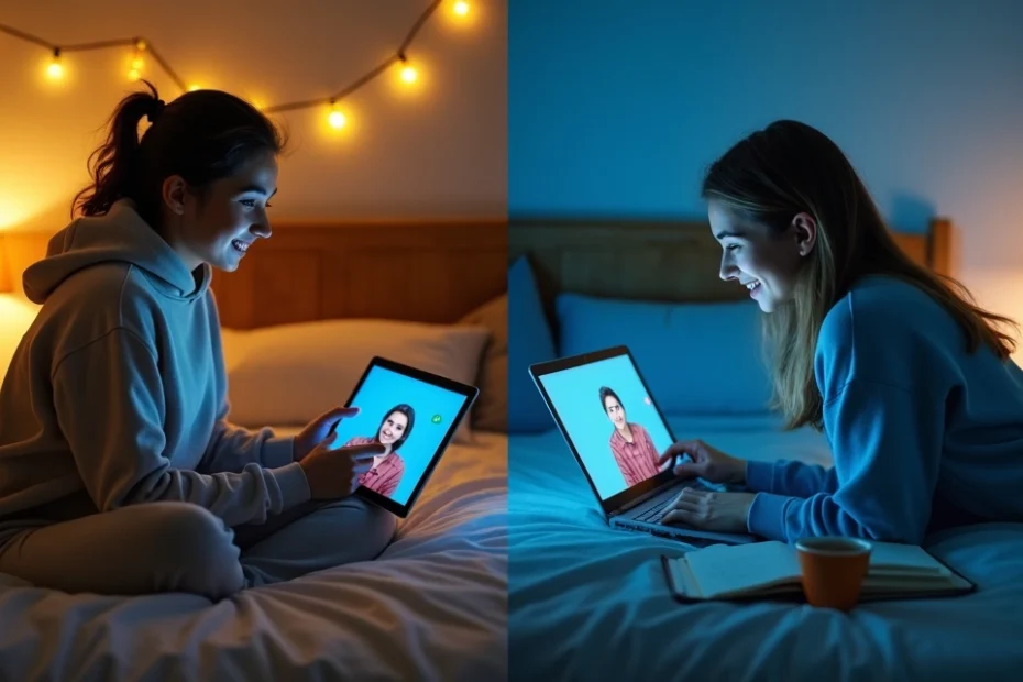 Pareja en videollamada nocturna con luces suaves y ambiente acogedor