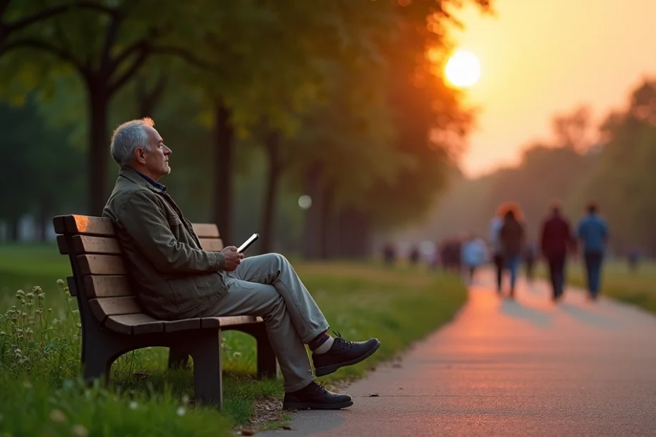 Persona sentada sola en un banco de parque al atardecer, tranquila y relajada