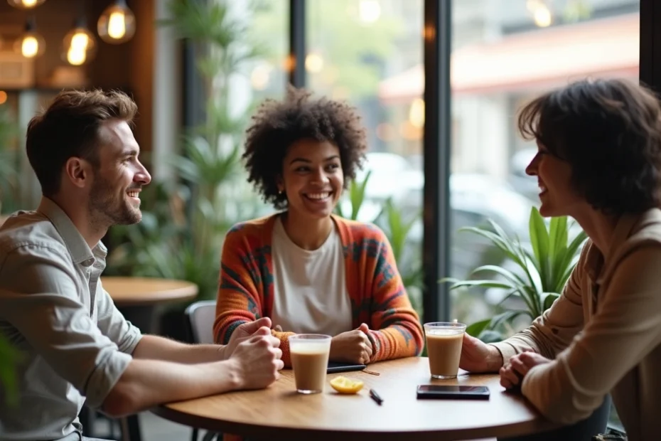 Tres personas conversan relajadas en una cafetería moderna alrededor de una mesa redonda