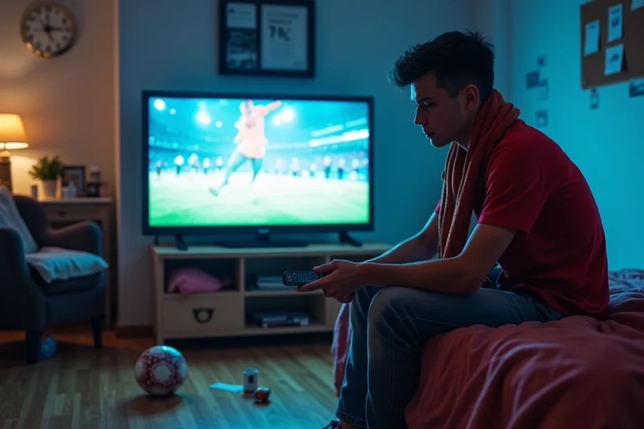Aficionado al fútbol apático en su habitación después de la derrota de su equipo
