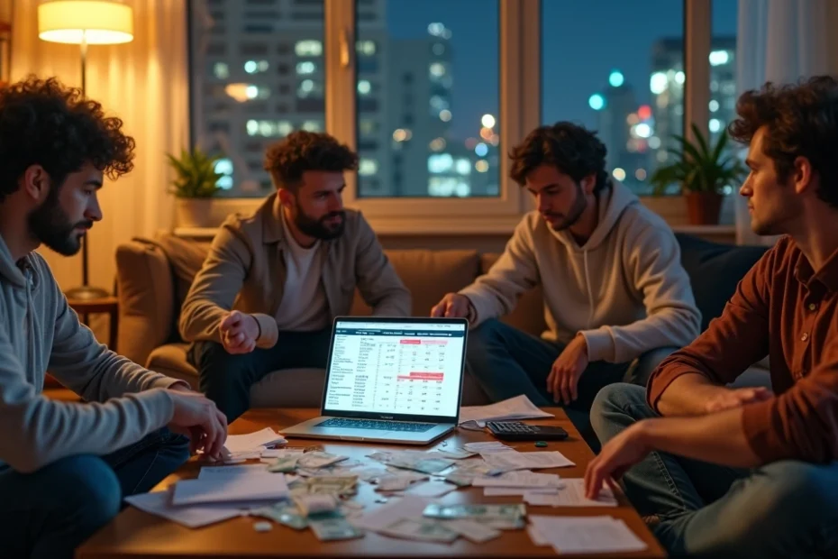 Grupo de amigos revisa gastos con billetes y recibos sobre la mesa