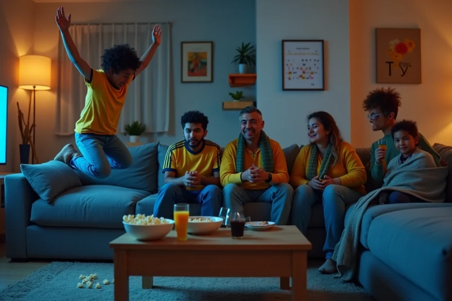 Familia emocionada viendo un partido de fútbol en la sala.