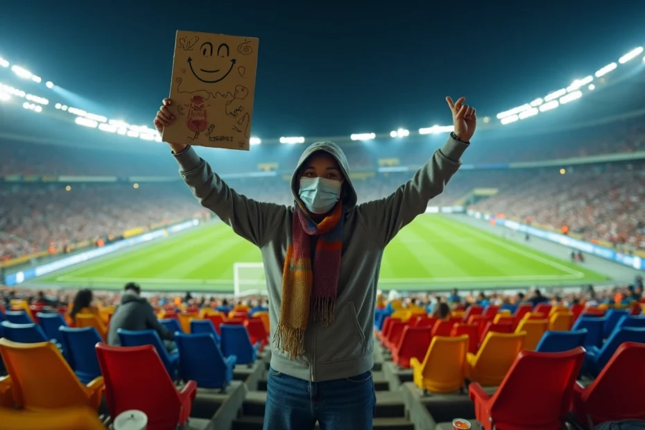 Fanático anónimo con máscara animando solo en las gradas de un estadio nocturno