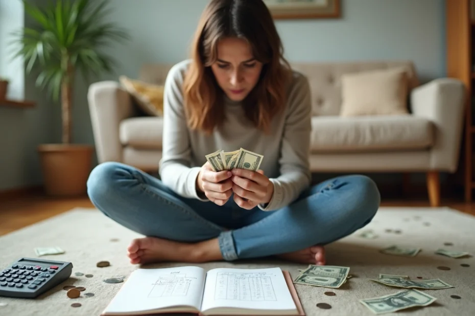 Persona en casa mirando billetes y calculadora con gesto preocupado