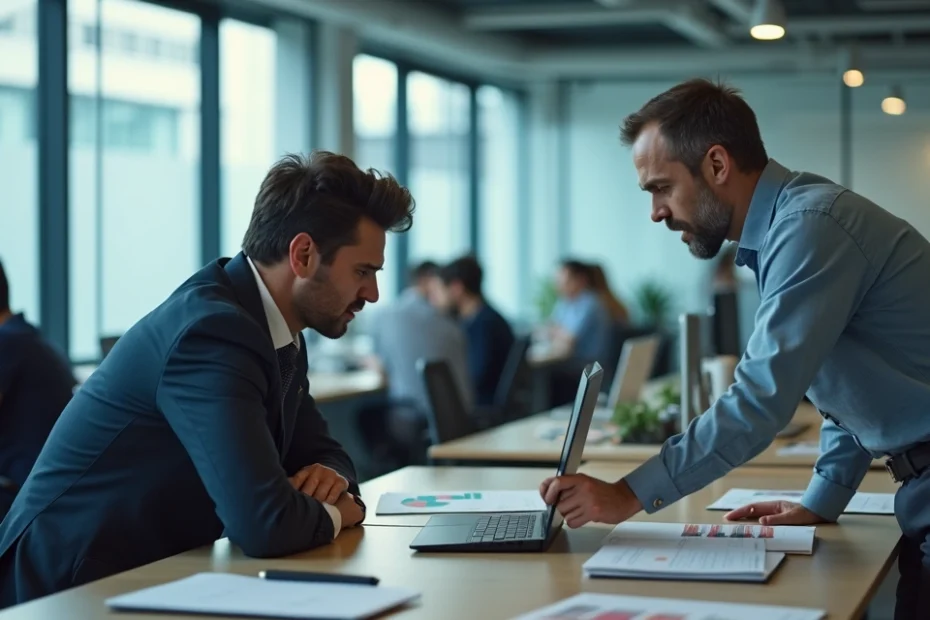 Empleado serio frente a jefe señalando una pantalla en una oficina moderna