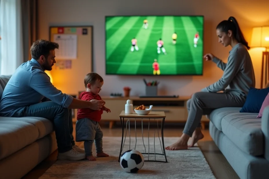 Padre ve fútbol con su hijo pequeño en el salón decorado con banderines