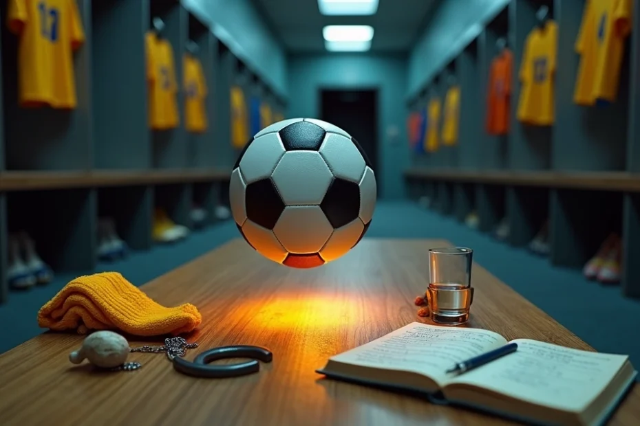 Balón de fútbol flotando rodeado de objetos de supersticiones de la Copa del Mundo
